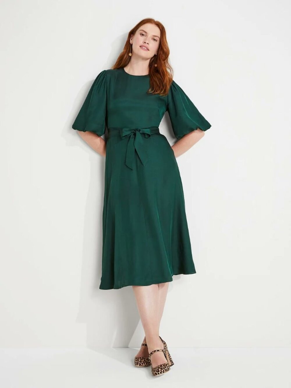Kate Spade Silk Green Puff Sleeve Tie Waist Midi Dress 6